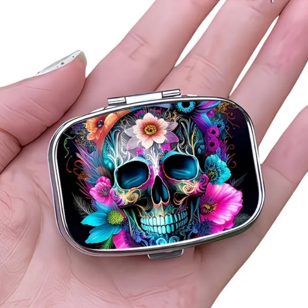 🆕️💊☠️SUGAR SKULL PORTABLE METAL PILL BOX ORGANIZER WITH MIRROR☠️💊 - Picture 7 of 13